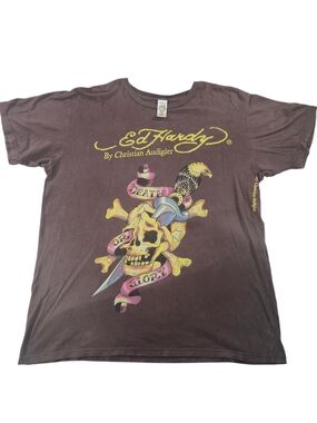 Vintage Ed Hardy by Christian Audigier XL Brown Death or Glory Skull T-Shirt USA